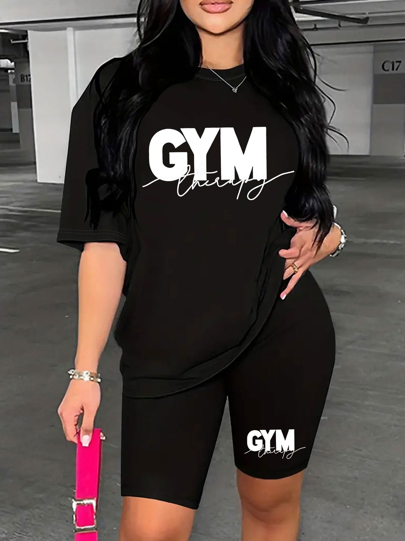 Women'S Gym-Themed Two-Piece Set - "GYM" Print T-Shirt & Shorts, Casual Polyester Athletic Wear for Spring/Summer, Gym Gear|Casual Gym Wear|Polyester Fabric